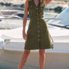 Khaki Green Button Front Sleeveless Denim Dress