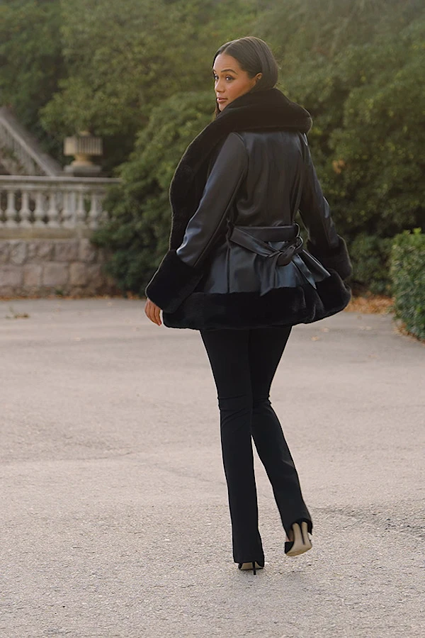 Black Faux Leather Coat With Faux Fur Trim - Image 7