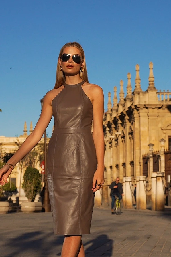 Taupe Premium Leather Halter Neck Dress - Image 7