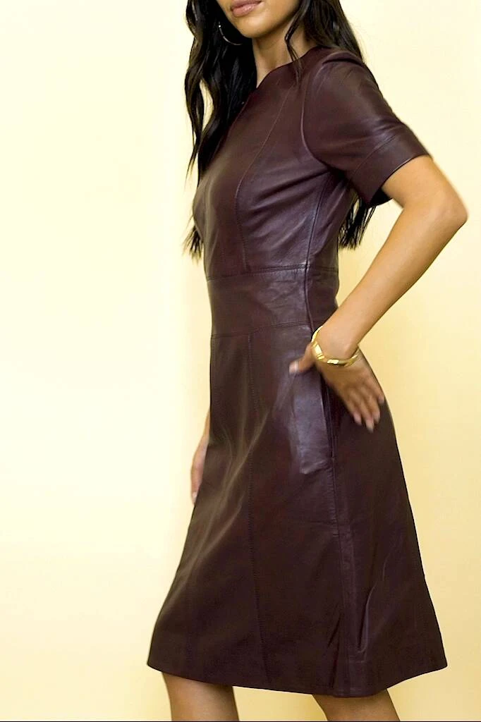 Burgundy Leather Panelled Shift Dress - Image 8