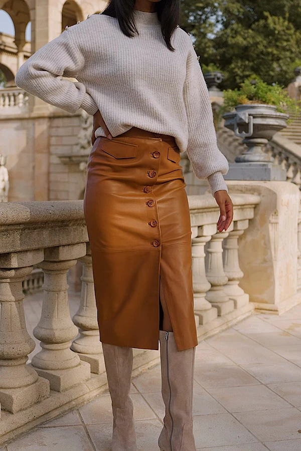 Tan Leather Button Front Midi Skirt - Image 4