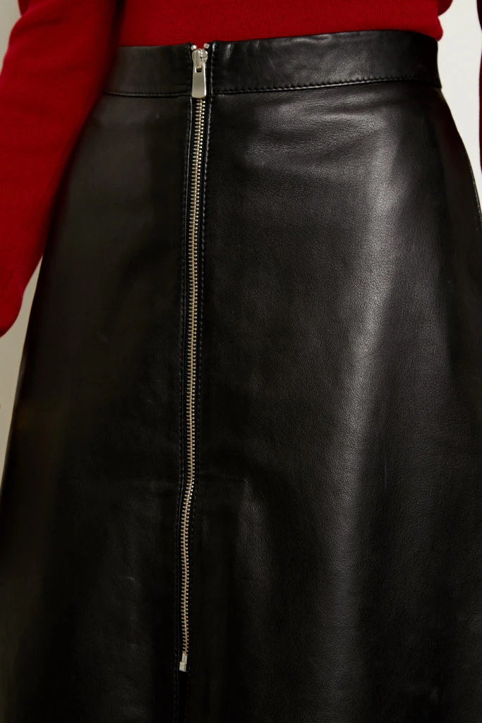 Black Leather Zip Front A-Line Skirt - Image 4