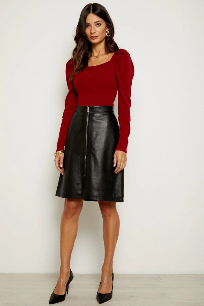 Black Leather Zip Front A-Line Skirt - Image 2