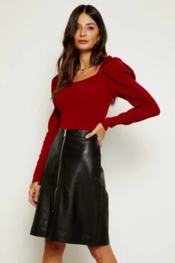 Black Leather Zip Front A-Line Skirt
