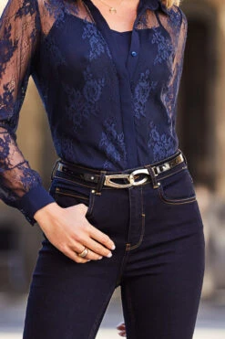 Black Patent Leather Slim Waist Belt With Gold Clasp