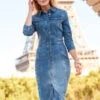 Blue Popper Front Pencil Denim Dress