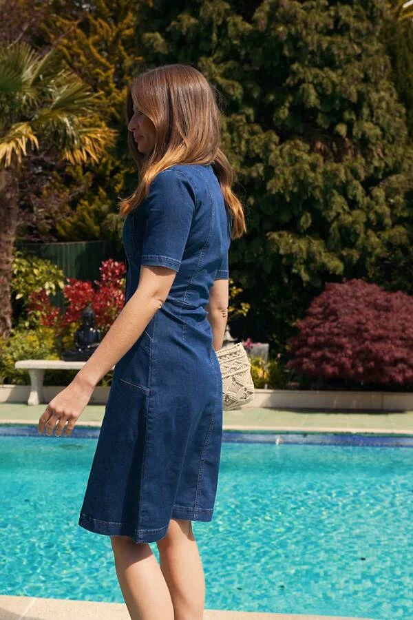 Indigo Blue Popper Front Short Sleeve Denim Dress - Image 6