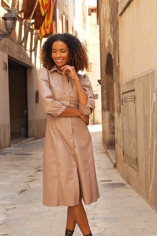 Taupe Faux Leather Popper Front Shirt Dress - Image 6