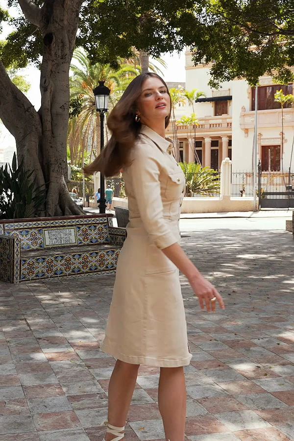 Ecru Popper Front 3/4 Sleeve Stretch Denim Dress - Image 7