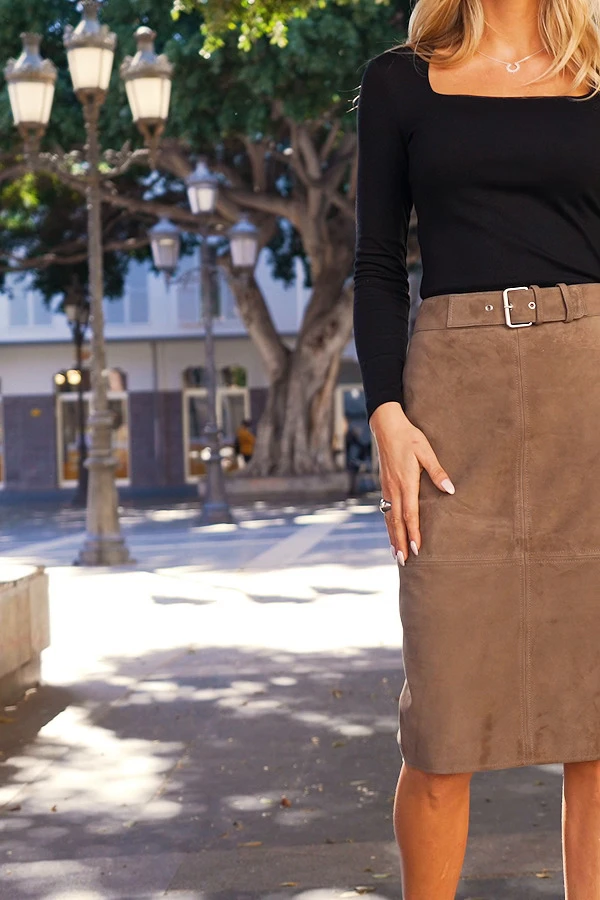 Taupe Suede Buckle Detail Pencil Skirt - Image 5