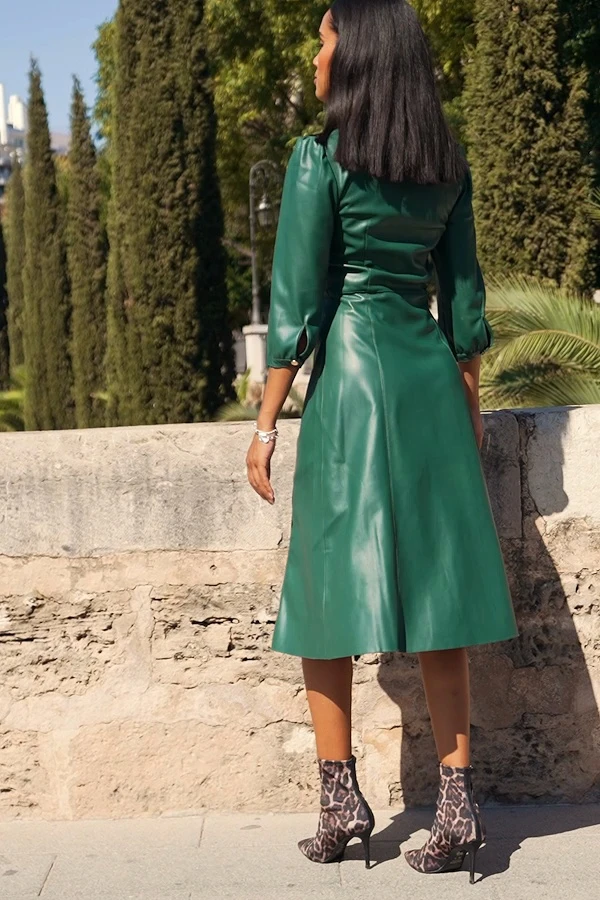Emerald Green Zip Front Faux Leather Midi Dress - Image 5