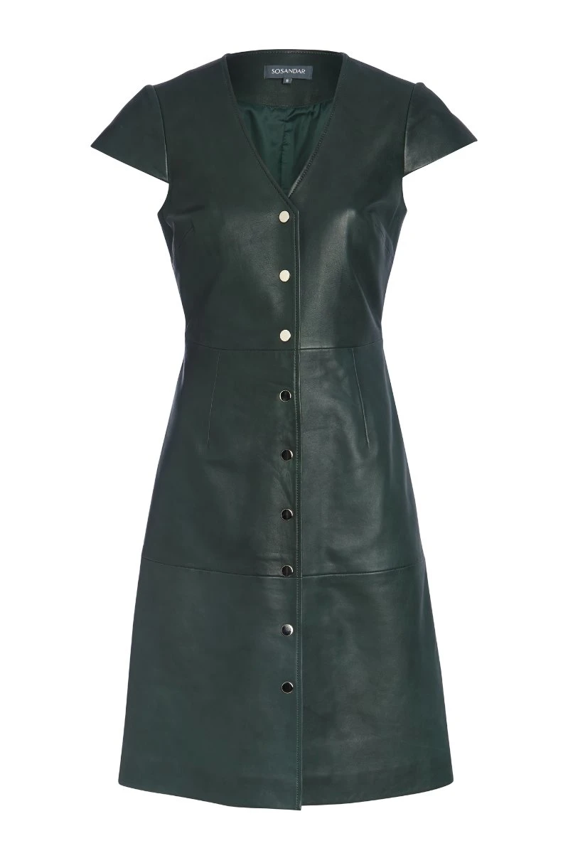 Dark Green Leather V Neck Popper Front Dress - Image 9