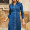 Mid Blue Popper Front Denim Midi Dress With Pockets