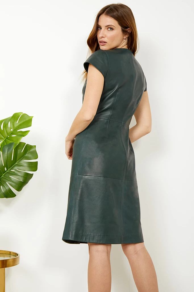 Dark Green Leather V Neck Popper Front Dress - Image 7