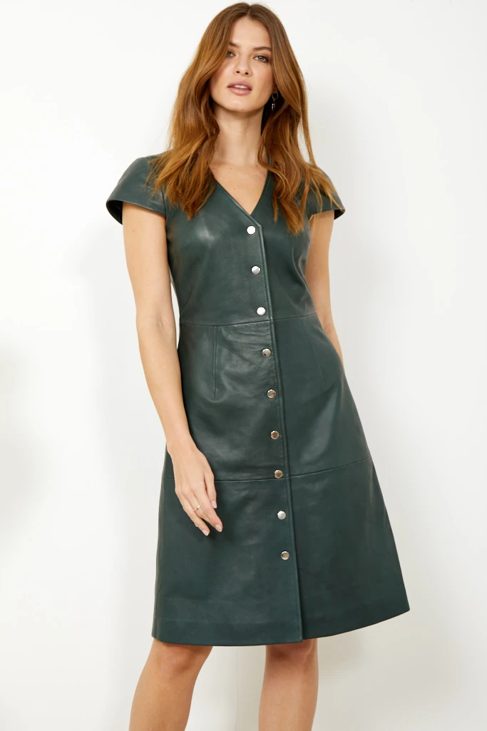 Dark Green Leather V Neck Popper Front Dress - Image 2