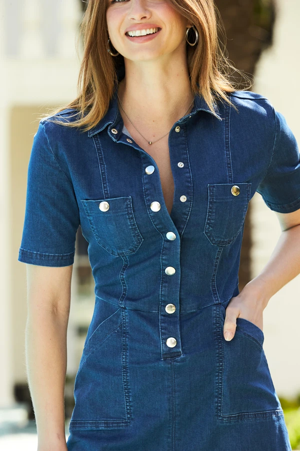 Indigo Blue Popper Front Short Sleeve Denim Dress - Image 4