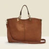 Tan Faux Suede & Leather Tote Bag With Shoulder Strap