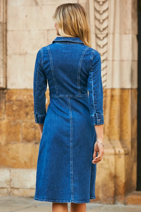 Mid Blue Popper Front Denim Midi Dress With Pockets - Image 2