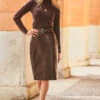 Chocolate Brown Leather Buckle Detail Pencil Skirt