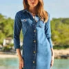 Mid Blue Denim Button Front Shift Dress