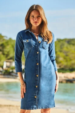 Mid Blue Denim Button Front Shift Dress