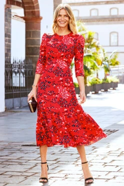 Red Animal Print Ruffle Hem Fit & Flare Midi Dress