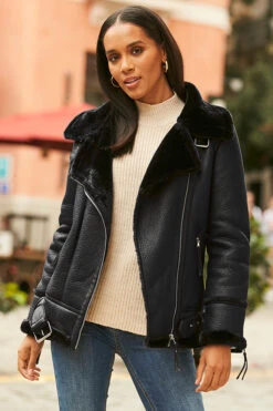 Black Faux Shearling Biker Jacket