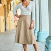 Ecru Leather Look Panelled A-Line Midi Skirt