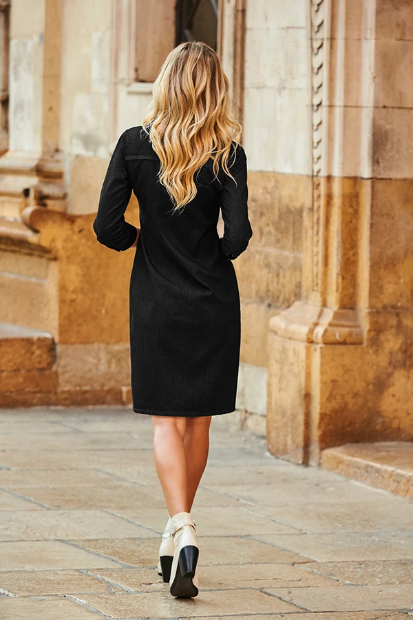 Black Zip Front Denim Shift Dress - Image 3