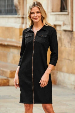 Black Zip Front Denim Shift Dress