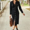 Black Denim Button Front Midi Dress