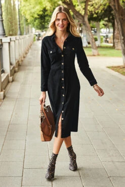 Black Denim Button Front Midi Dress