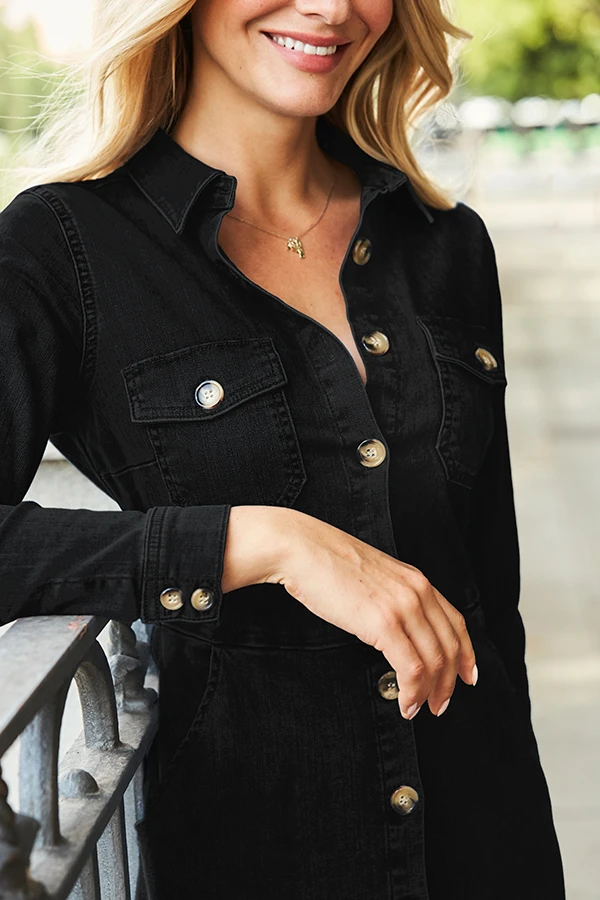 Black Denim Button Front Midi Dress - Image 6