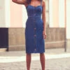 Mid Blue Button Front Denim Dress