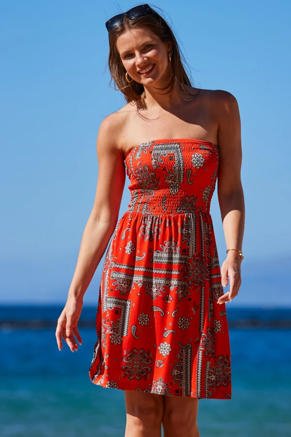 Red Scarf Print Bandeau Sun Jersey Dress - Image 4