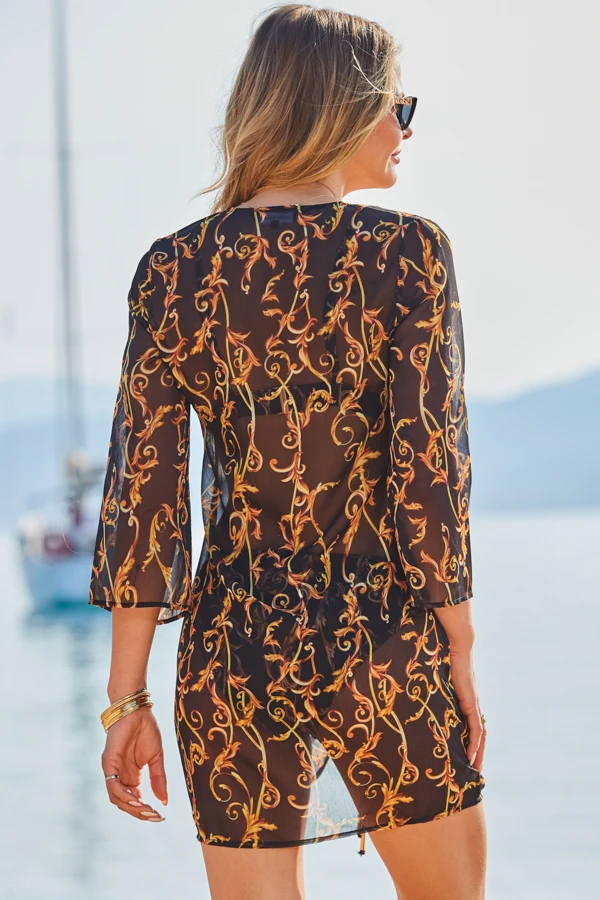 Black & Gold Baroque Print Ruched Front Kaftan - Image 3