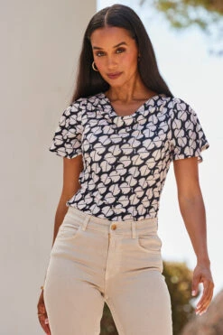 Ivory & Black Geometric Print Cowl Neck Jersey Top