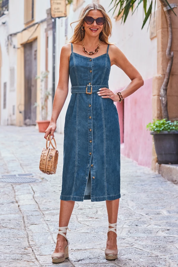 Dark Indigo Button Front Buckle Detail Denim Midi Dress - Image 7