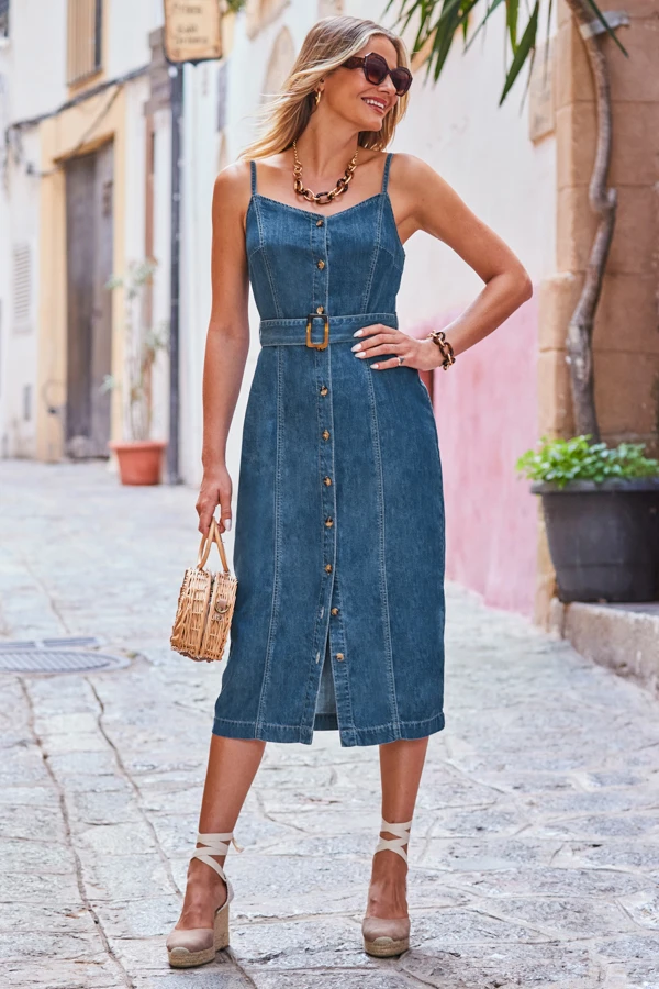Dark Indigo Button Front Buckle Detail Denim Midi Dress - Image 6
