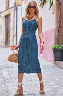 Dark Indigo Button Front Buckle Detail Denim Midi Dress