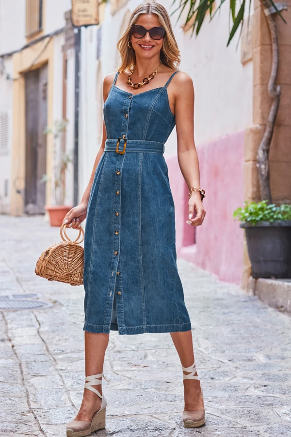 Dark Indigo Button Front Buckle Detail Denim Midi Dress