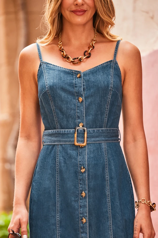 Dark Indigo Button Front Buckle Detail Denim Midi Dress - Image 5
