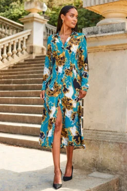 Blue Multi Print Midi Shirt Dress