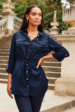 Navy Blue Satin Utility Tie Waist Shirt