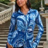 Blue Scarf Print Jersey Twist Front Shirt