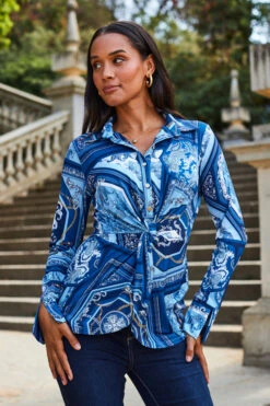 Blue Scarf Print Jersey Twist Front Shirt