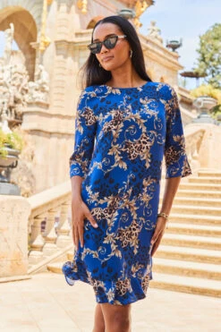 Blue & Gold WOW Print Ruffle Hem Shift Dress