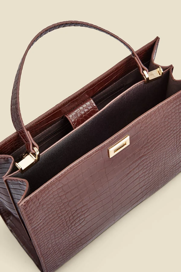 Brown Croc Faux Leather Top Handle Tote Bag With Cross Body Strap - Image 5