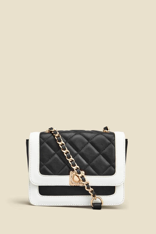 Black Quilted Ivory Trim Chain Detail Cross Body Bag - Image 2