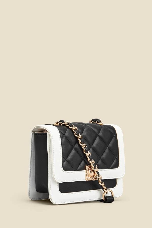 Black Quilted Ivory Trim Chain Detail Cross Body Bag - Image 3
